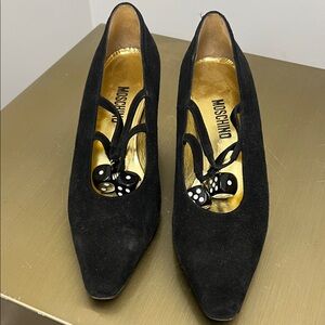 Moschino Black Suede Pointed Toe Pumps with Dice Charm